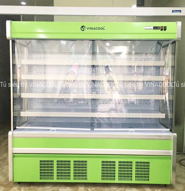 tủ mát siêu thị dài 2m không cửa có rèm nhựa
