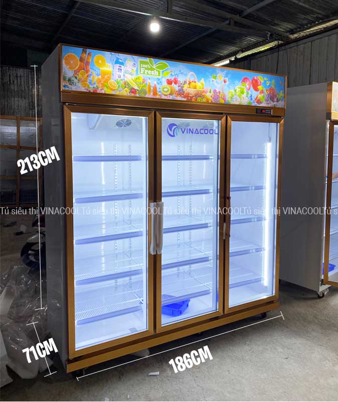 kích thước tủ mát 3 cánh viền vàng