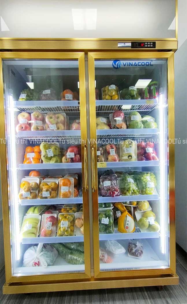 tủ bảo quản trái cây 2 cánh kính vàng