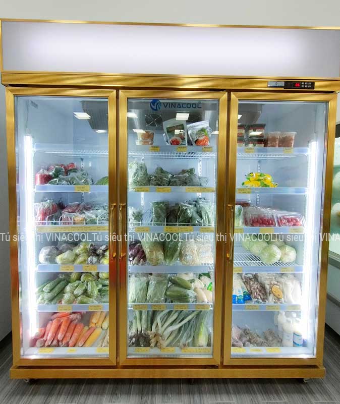 tủ siêu thị trưng bày rau củ 3 cánh vàng